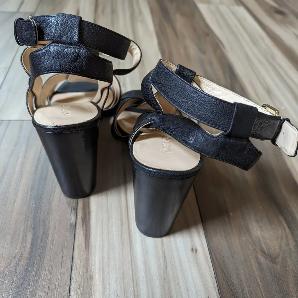 NINE WEST Women's Wedge Leather Sandals Gold Buckle Black Strap 4" Heel … - Picture 4 of 8